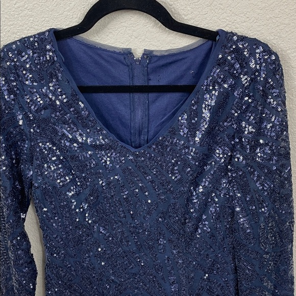 Marina Sequin Long Sleeve Shift Dress Modest Knee Length Navy Blue - Picture 4 of 10